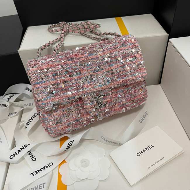 Chanel Small Flap Bag Sequins Pink & Silver 20cm - 1