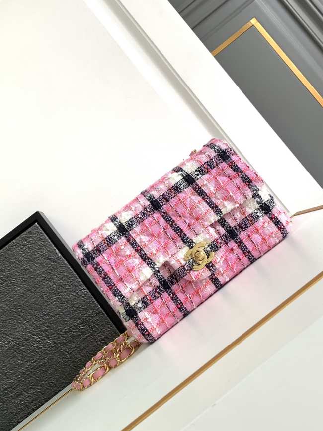 Chanel Mini Classic Handbag Pink Cotton & Wool Tweed A69900 20cm - 1