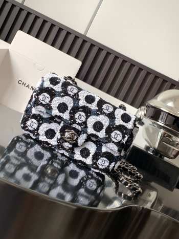 Chanel Mini Flap Bag Sequins & Ruthenium-Finish Metal Black, White & Blue 20cm