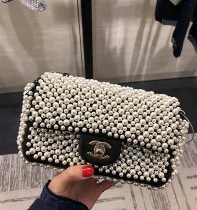 Chanel Pearl Mini Flap Bag Satin White Black - 1