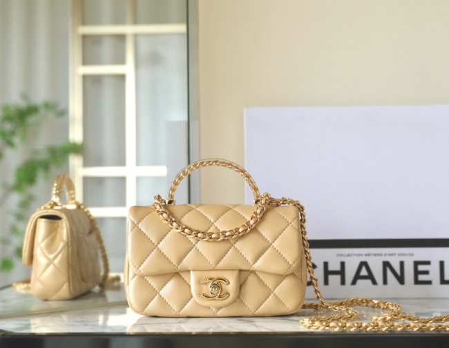 Chanel Gold Lambskin Flap Bag Top Handles 19cm - 1