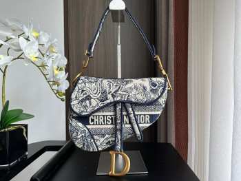 Dior Canvas Embroidered Toile de Jouy Saddle Bag Blue 25.5cm