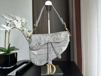 Dior Canvas Embroidered Toile de Jouy Saddle Bag Grey 25.5cm