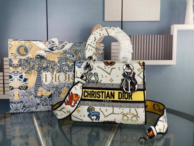 Dior Canvas Pixel Zodiac Embroidered Medium Lady D-Lite Ecru Multicolor 23.5cm - 1