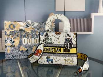 Dior Canvas Pixel Zodiac Embroidered Medium Lady D-Lite Ecru Multicolor 23.5cm