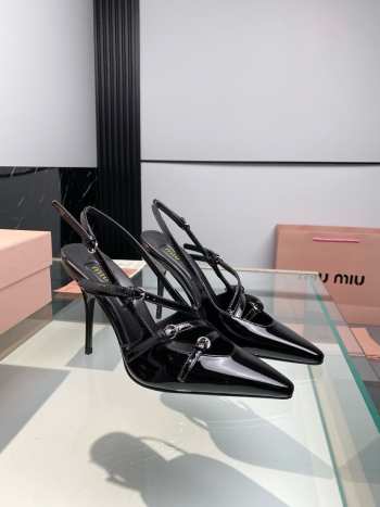 Miumiu Patent Black Leather Slingbacks With Buckles 10.5cm