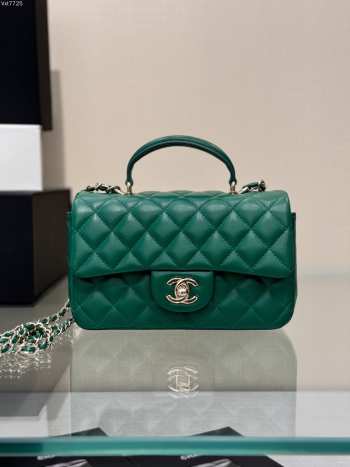 Chanel Mini Rectangular Flap with Top Handle Dark Green Lambskin Light Gold Hardware 20cm