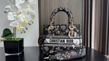 Dior Medium Lady D-Lite Black Multicolor Dior Herbarium Embroidery Bag 24cm