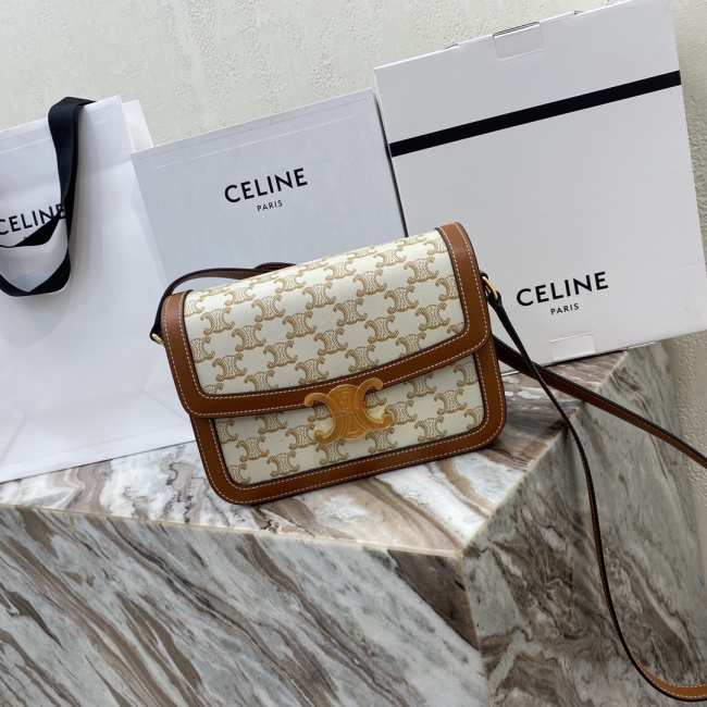 Celine Triomphe Shoulder Bag Brown&White 22CM - 1